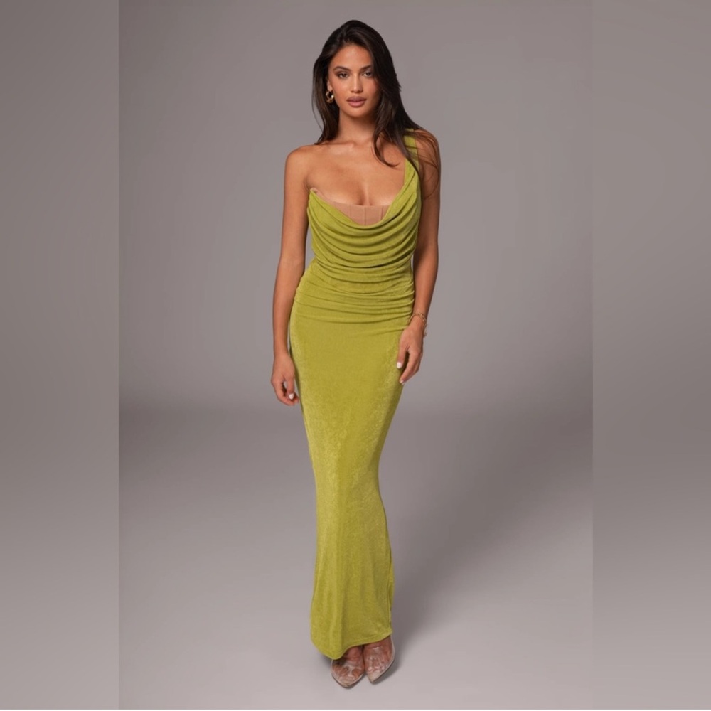 JLUXLABEL Lime Green Slinky Krishna One Shoulder Maxi Dress M